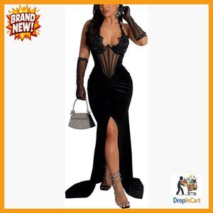 Elegant Rhinestone Embellished Velvet Bodycon Maxi Dress Formal Evening Wear